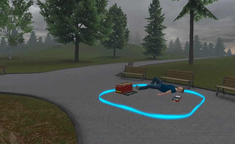 scena z scenariusza vr pierwszej pomocy, mezczyzna lezy w parku